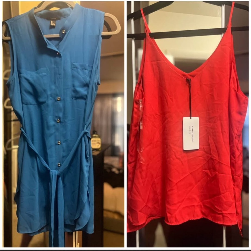 Blue Sleeveless Button-Up Top and Red Cami Top